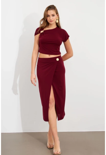 Kadın Bordo Dore Aksesuarlı İkili Takım UG7112