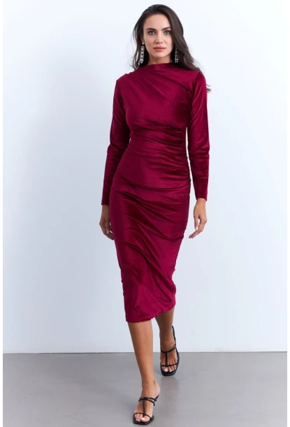 Kadın Bordo Drapeli Midi Elbise MON1113