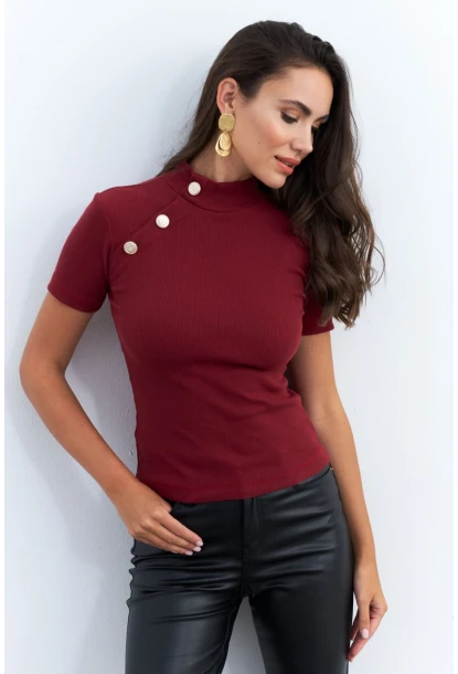 Kadın Bordo Düğme Aksesuarlı Kaşkorse Bluz EY2560