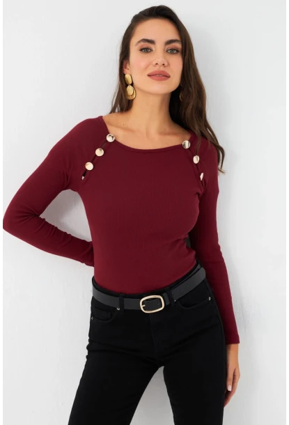 Kadın Bordo Düğme Aksesuarlı Kaşkorse Bluz EY2945