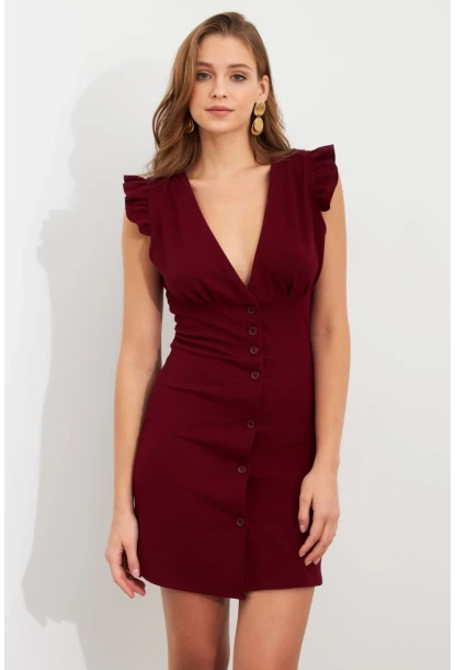 Kadın Bordo Düğme Detaylı Mini Elbise DAF5033