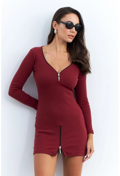 Kadın Bordo Fermuarlı Kaşkorse Mini Elbise EY2530