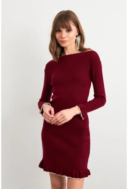 Kadın Bordo Fırfırlı Basic Triko Midi Elbise SF2559