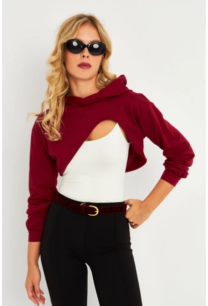Kadın Bordo Kapüşonlu Crop Sweatshirt  TF03