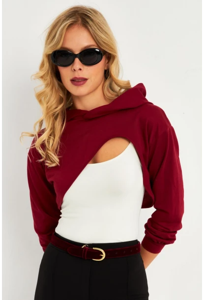 Kadın Bordo Kapüşonlu Crop Sweatshirt  TF03