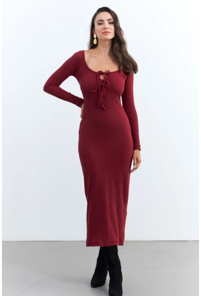 Kadın Bordo Kaşkorse Maxi Elbise EY1513