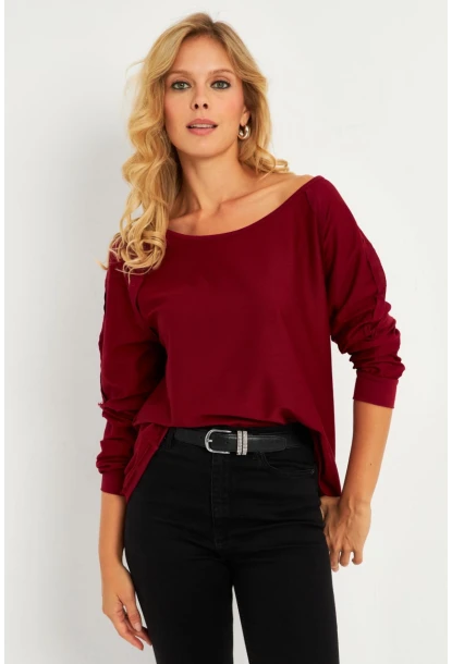 Kadın Bordo Kayık Yaka Ters Dikişli Sweatshirt TF10