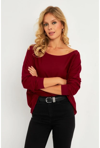 Kadın Bordo Kayık Yaka Ters Dikişli Sweatshirt TF10