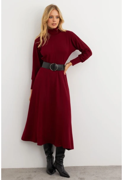 Kadın Bordo Kemerli Balıkçı Yaka Elbise MKSD992