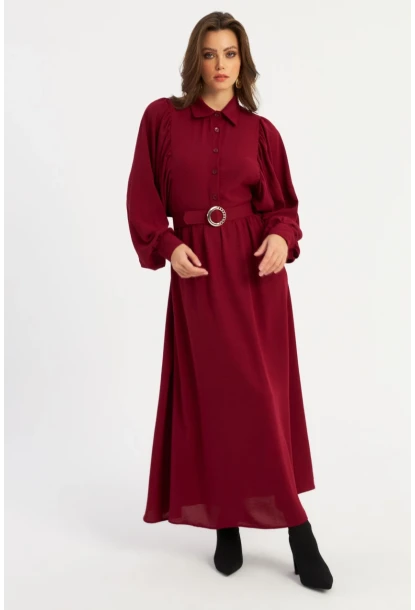 Kadın Bordo Kemerli Maxi Elbise MASF15