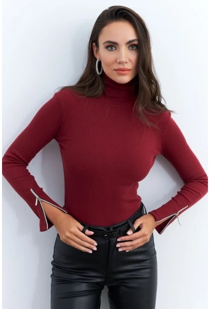 Kadın Bordo Kolları Fermuarlı Kaşkorse Balıkçı Bluz EY2567