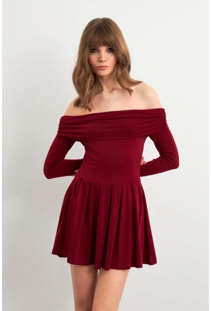 Kadın Bordo Madonna Yaka Midi Elbise MON1262