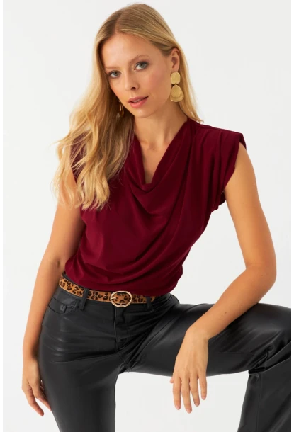 Kadın Bordo Omuzları Vatkalı Degaje Bluz ELT3234