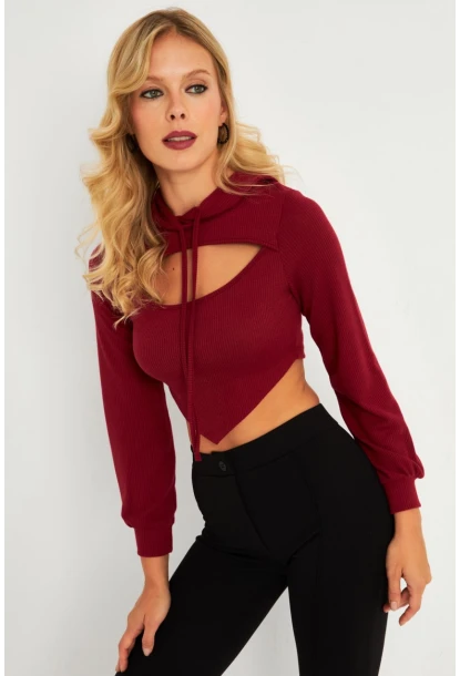 Kadın Bordo Pencereli Kapüşonlu Crop Bluz TF08
