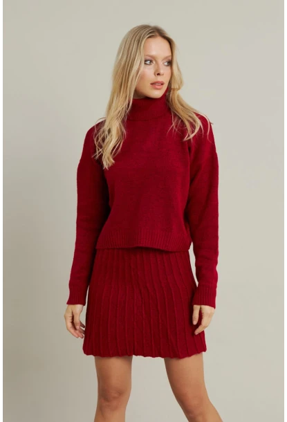 Kadın Bordo Pileli Etekli Alt Üst Takım ELT12001