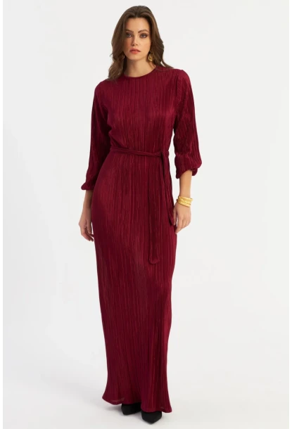 Kadın Bordo Pilise Maxi Elbise MGÇ192