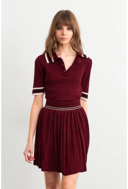 Kadın Bordo Polo Yaka Etekli Takım SF2558