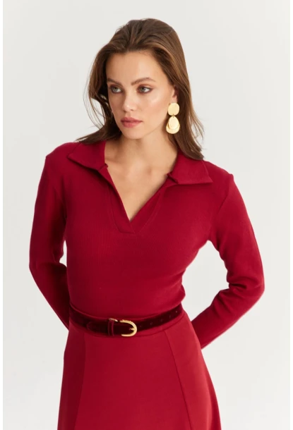 Kadın Bordo Polo Yaka Kaşkorse Bluz LON3006