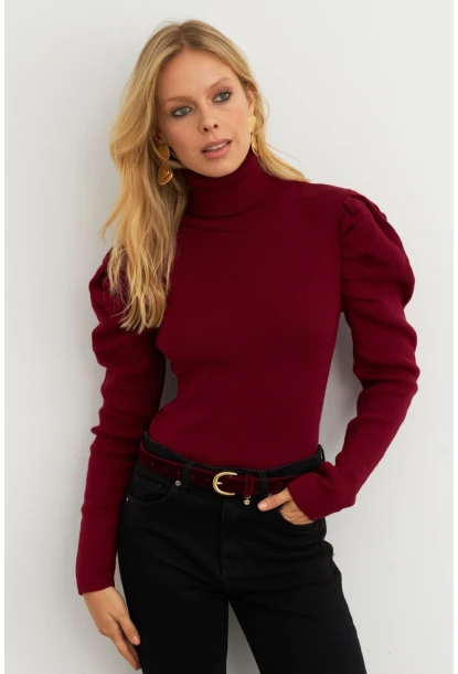 Kadın Bordo Prenses Kol Balıkçı Yaka Triko Bluz SF2555