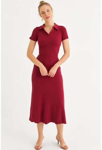 Kadın Bordo Sırt Bağlamalı Kaşkorse Midi Elbise MFRY0001