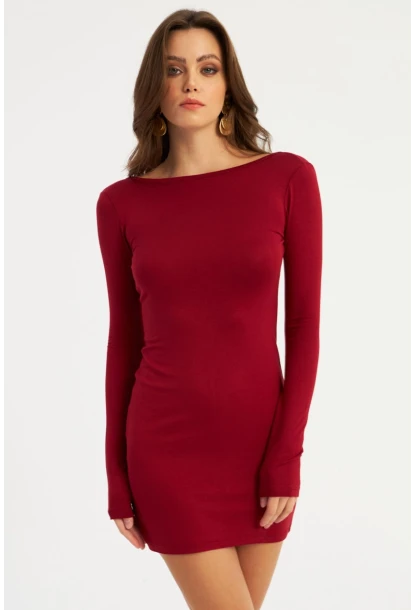 Kadın Bordo Sırt Dekolteli Mini Elbise HOR36