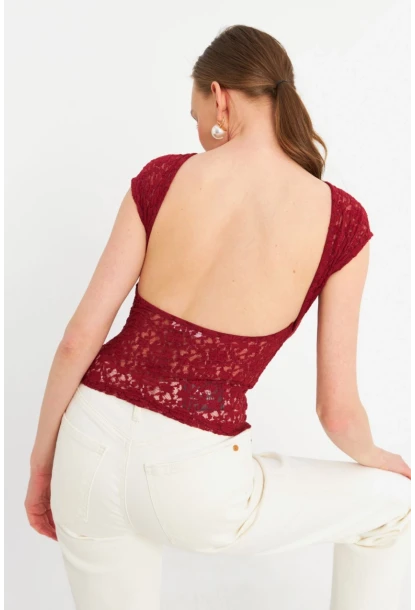 Kadın Bordo Sırtı Açık Dantel Bluz ZH04