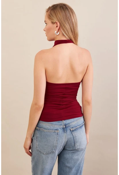 Kadın Bordo Sırtı Açık Drapeli Bluz FRY2314