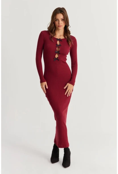 Kadın Bordo-Siyah Kurdele Detaylı Kaşkorse Maxi Yılbaşı Elbise XL2043