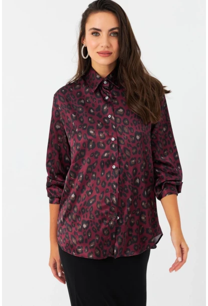 Kadın Bordo-Siyah Leopar Desenli Saten Gömlek MRAD5901-1