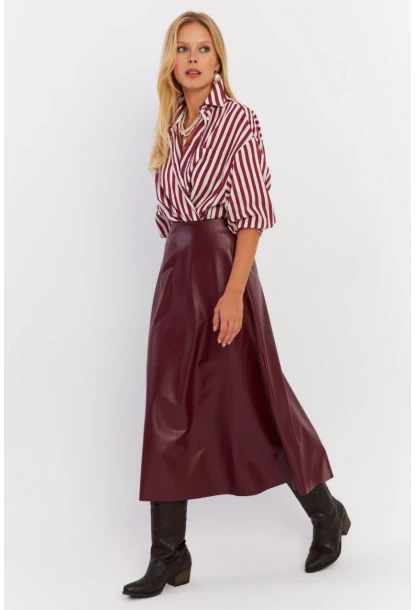 Kadın Bordo Suni Deri Çan Etek ELA113