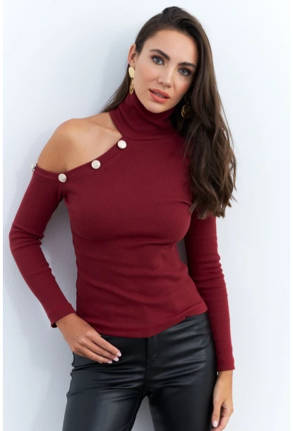 Kadın Bordo Tek Omuz Açık Kaşkorse Balıkçı Bluz EY2947