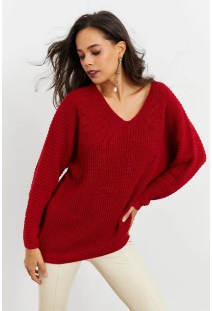 Kadın Bordo V Yaka Salaş Triko Tunik SMT158