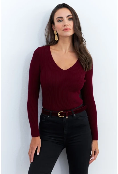 Kadın Bordo V Yaka Triko Bluz YV284