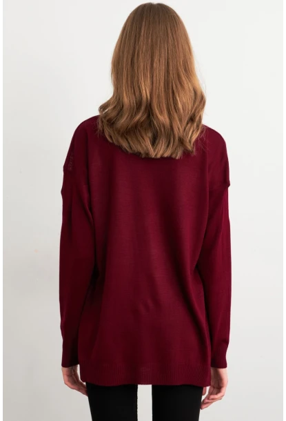 Kadın Bordo V Yaka Triko Kazak YİL549