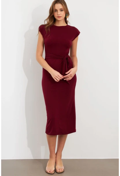 Kadın Bordo Vatkalı Kuşaklı Midi Elbise UG713