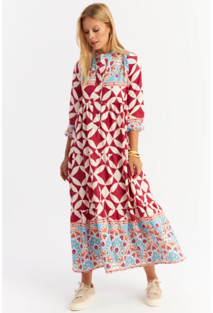 Kadın Bordo Volanlı Desenli Maxi Elbise MYLE14