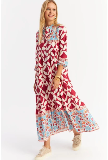 Kadın Bordo Volanlı Desenli Maxi Elbise YLE14