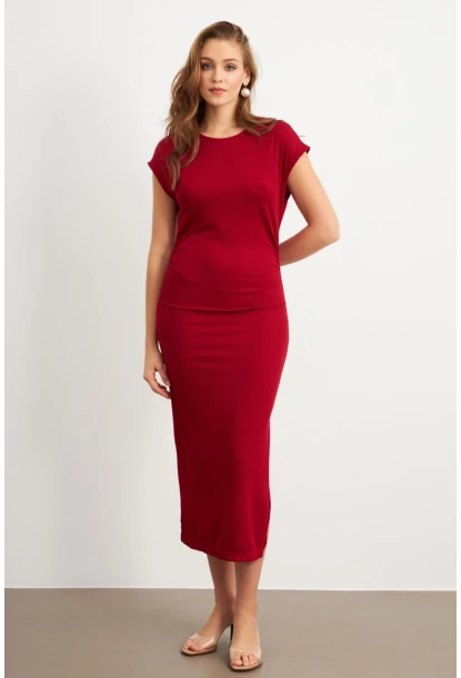 Kadın Bordo Yanları Büzgülü Midi Elbise MK35