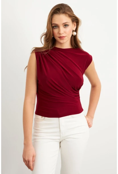 Kadın Bordo Yarım Balıkçı Desenli Bluz LPP1205