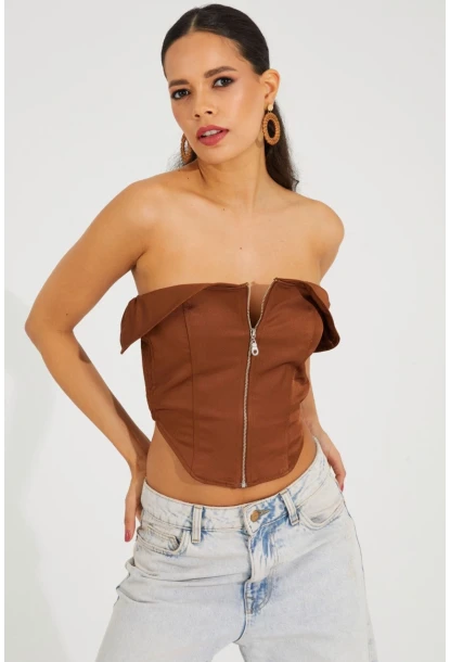 Kadın Bronz Fermuarlı Straplez Crop Bluz SF2502