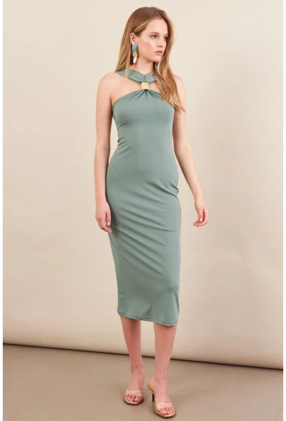Kadın Çağla Yeşili Aksesuarlı Midi Elbise İRE101