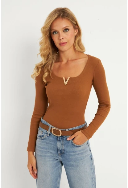 Kadın Camel Aksesuarlı Kaşkorse Bluz RLO17