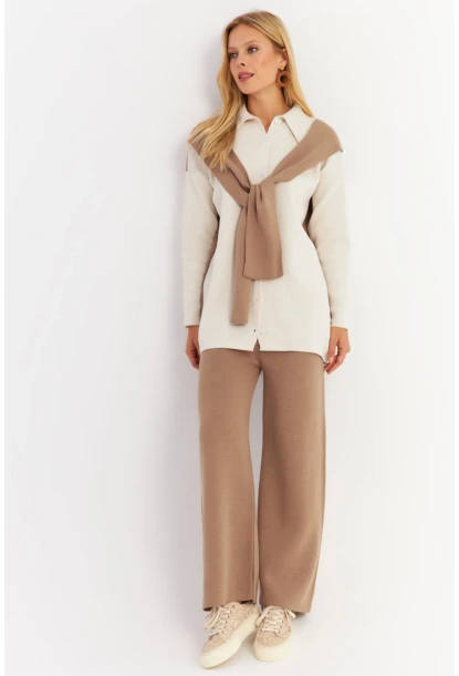 Kadın Camel Atkılı Triko Hırka Alt Üst Takım NUV20