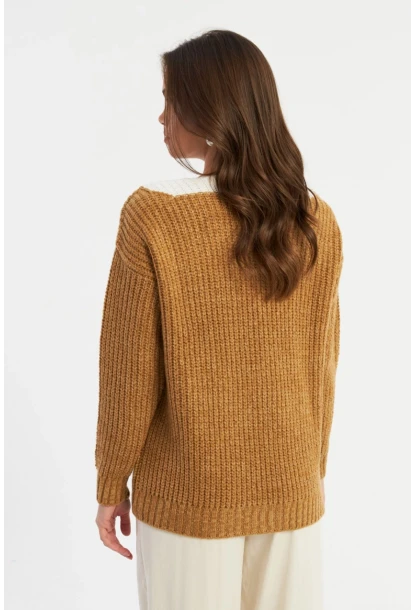 Kadın Camel-Beyaz V Yaka Triko Kazak SMT2434