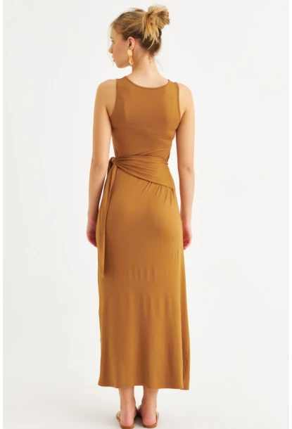 Kadın Camel Büzgülü Kolsuz Midi Elbise TF75