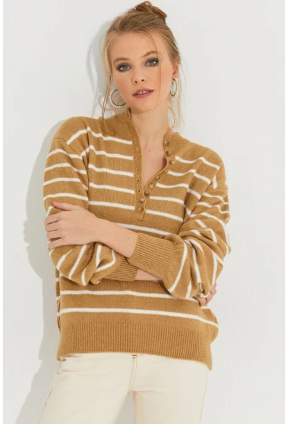 Kadın Camel Çizgili Triko Kazak SMT219