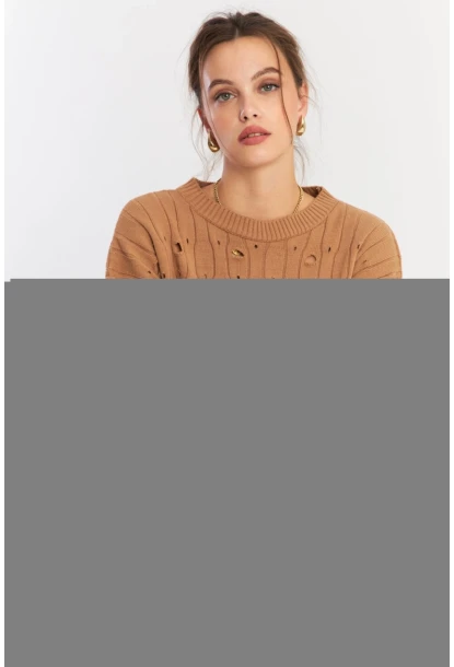 Kadın Camel Çizgili Yırtık Triko Kazak PP2342