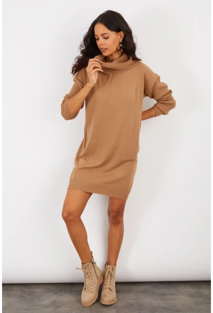 Kadın Camel Degaje Yaka Triko Mini Elbise YV73