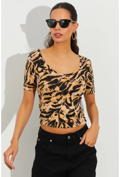 Kadın Camel Desenli Bluz LPP1224