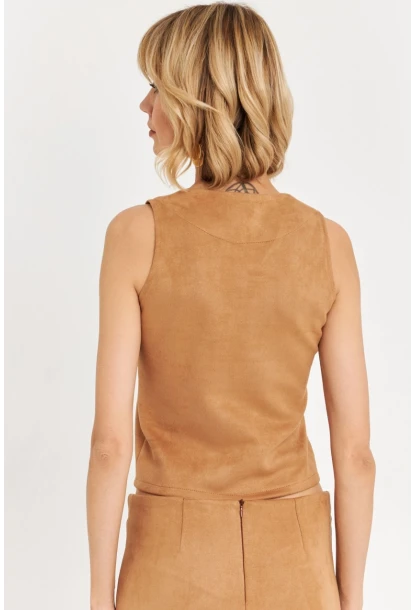 Kadın Camel Düğme Detaylı Süet Bluz KED7113